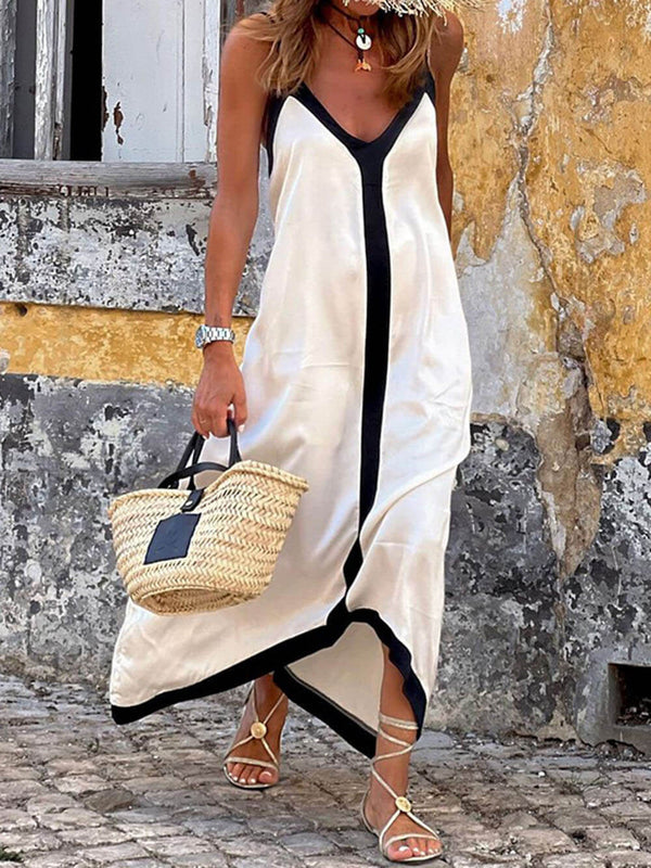 Midi Dress with Adjustable Straps and Color Block Design