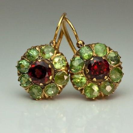 Vintage Round Green & Red Crystal Earrings