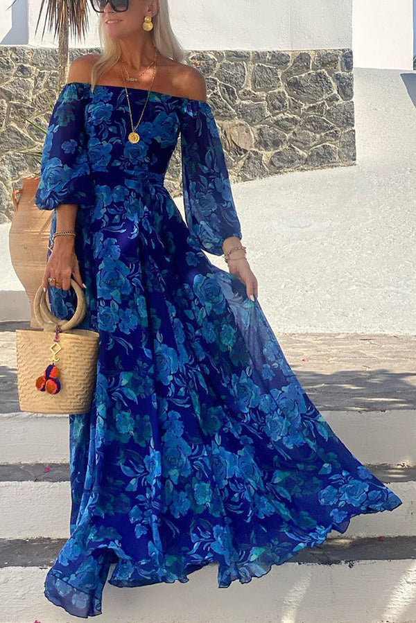 Long Floral Dress with Open Shoulders – Vacation Elegance