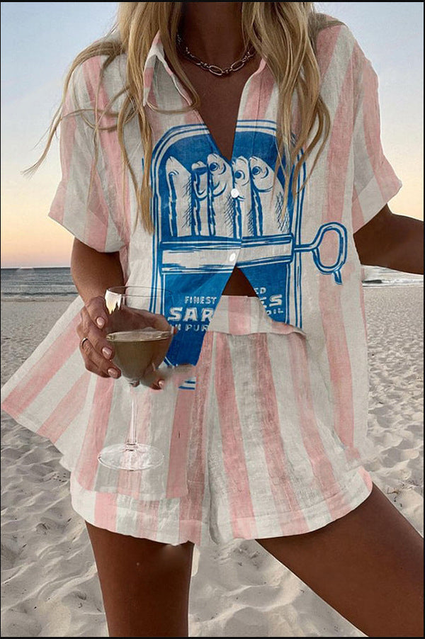 Silava | Short Linen Suit with Sardine Print