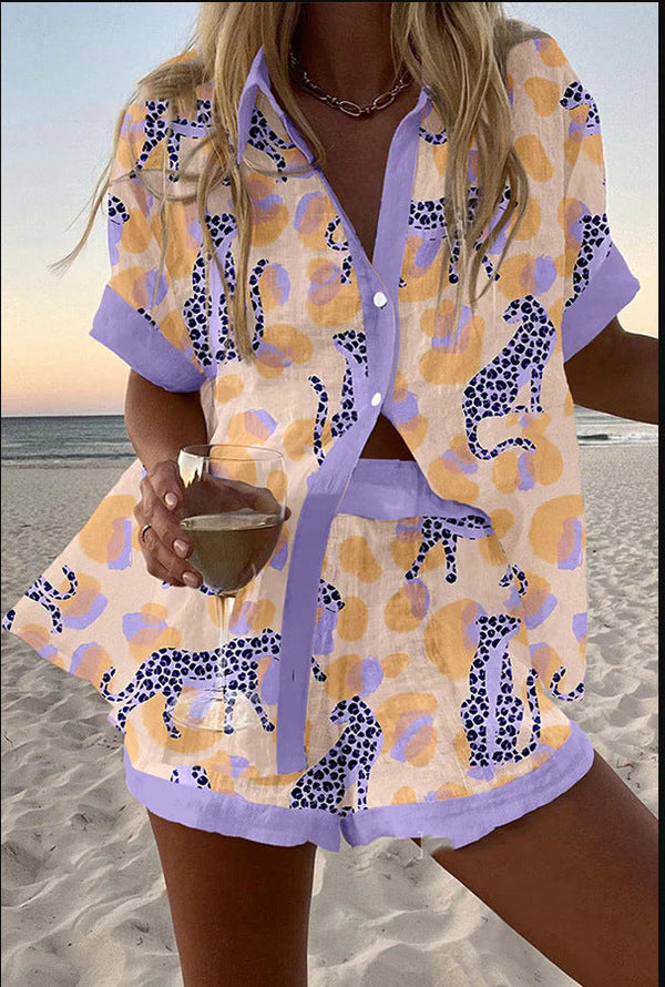 Reolia | Short Complete Linen Set with Leopard Print