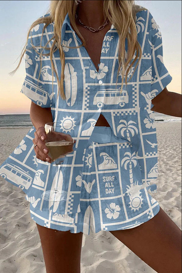 Trenara  | Short Linen Suit with Caravan Print