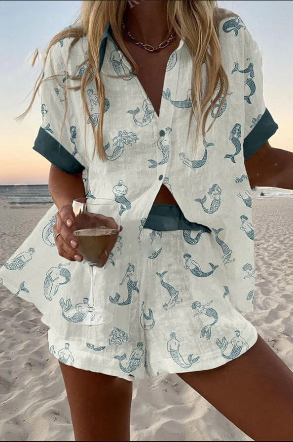 Jalira | Short Complete Linen Set with Mermaid Print