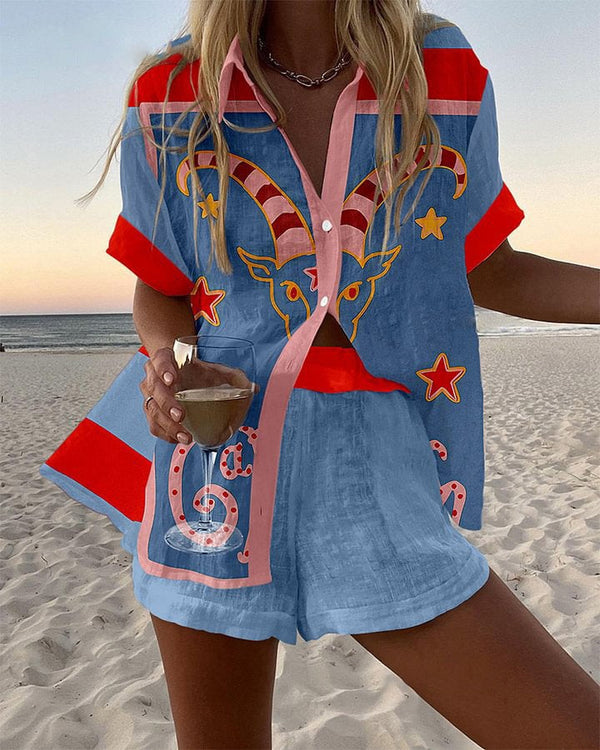 Jorelle | Short Complete Linen Outfit with Goat Print
