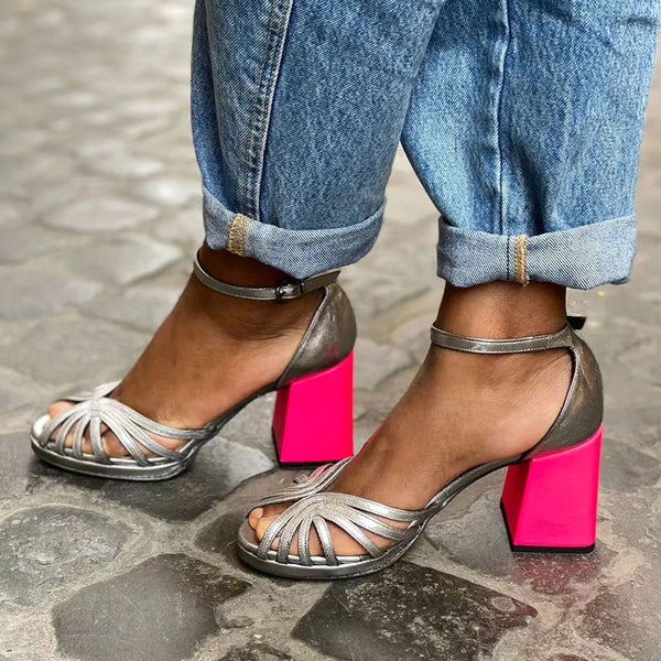 Naelle | Shiny Sandals with Wide Heel and Elegant Buckle
